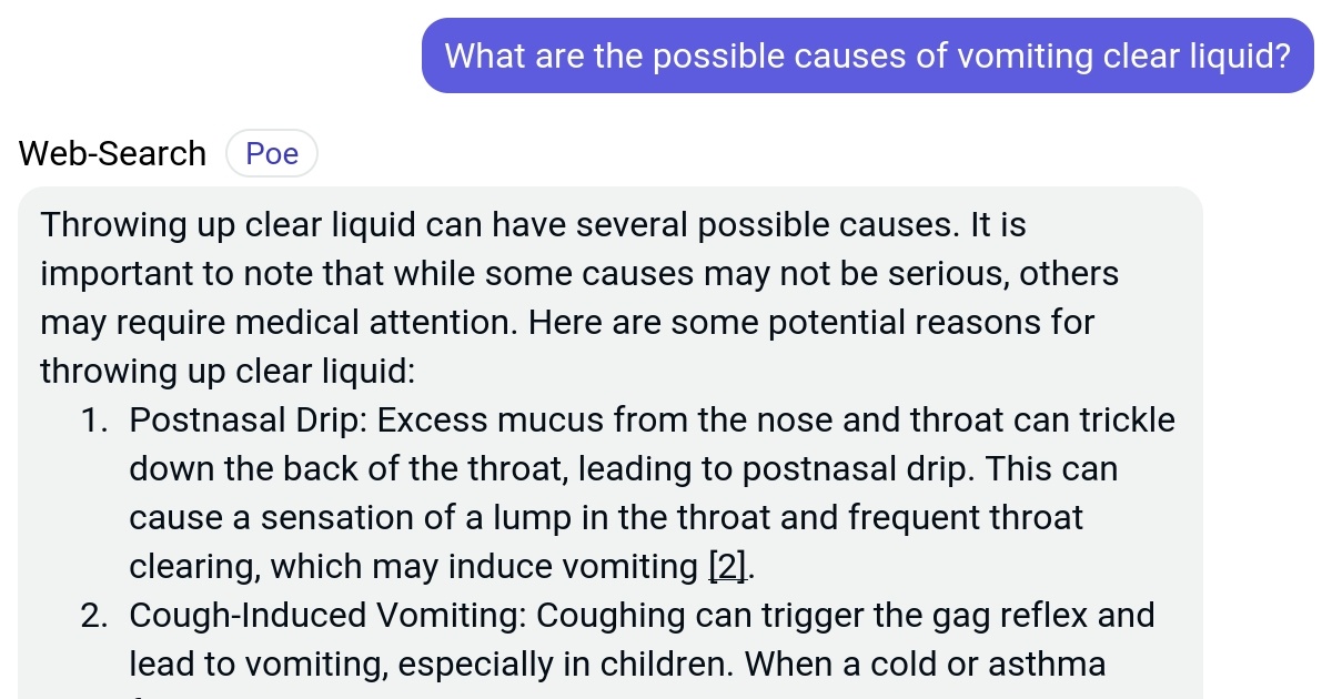 What are the possible causes of vomiting clear liquid? Poe