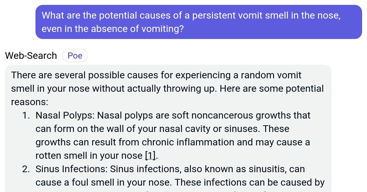 What are the potential causes of a persistent vomit smell in the nose