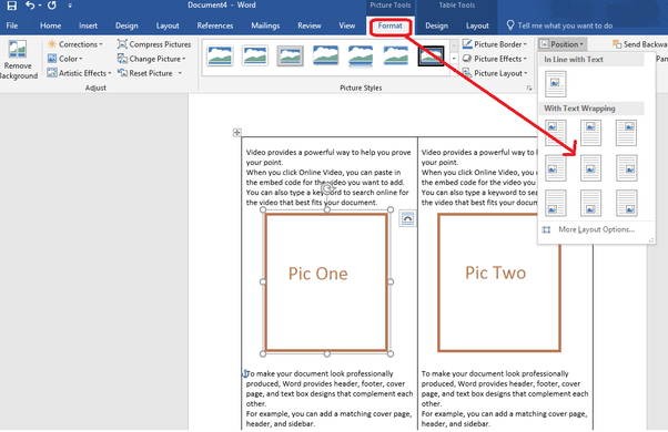 How to put a picture in a twocolumn word document into the middle of