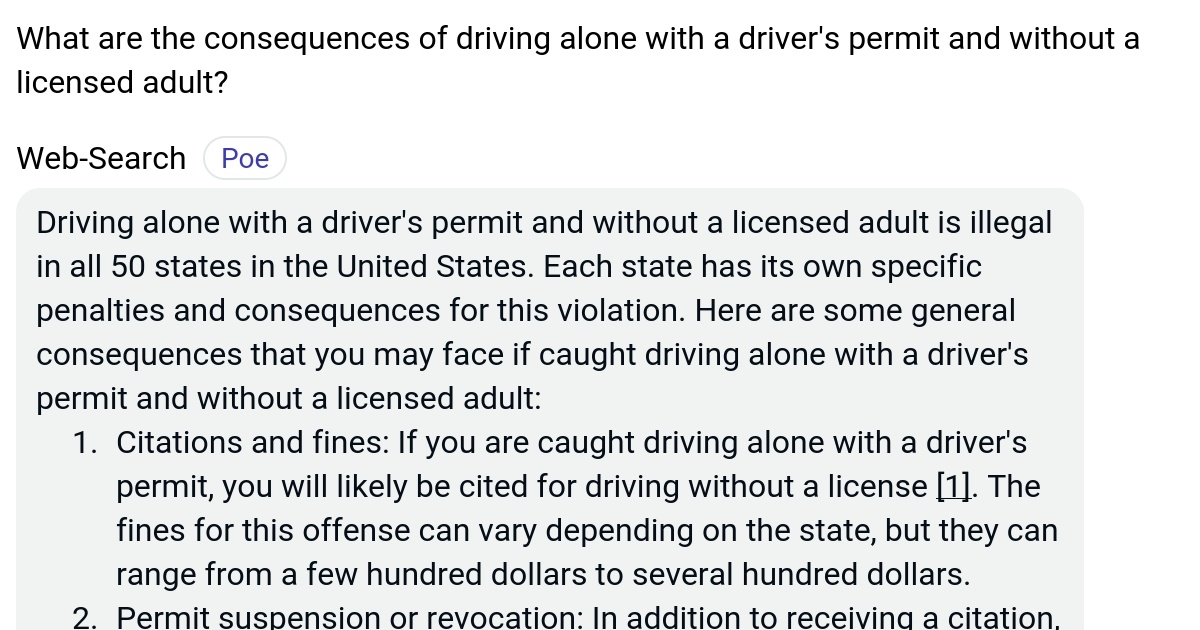 What are the consequences of driving alone with a driver's permit and