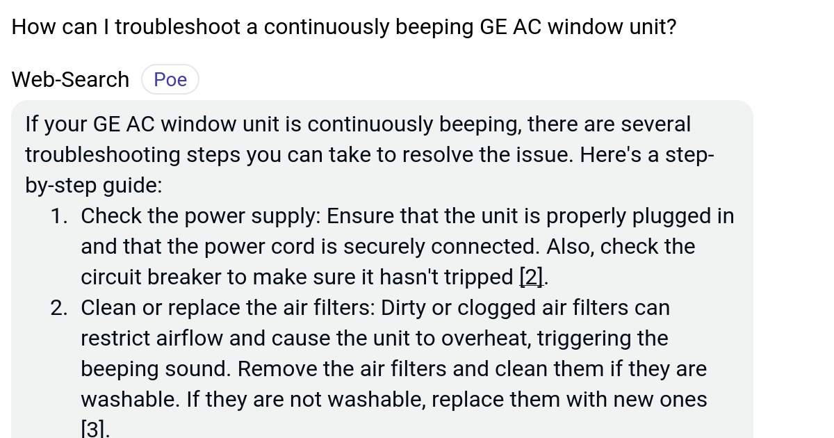 How can I troubleshoot a continuously beeping GE AC window unit? Poe
