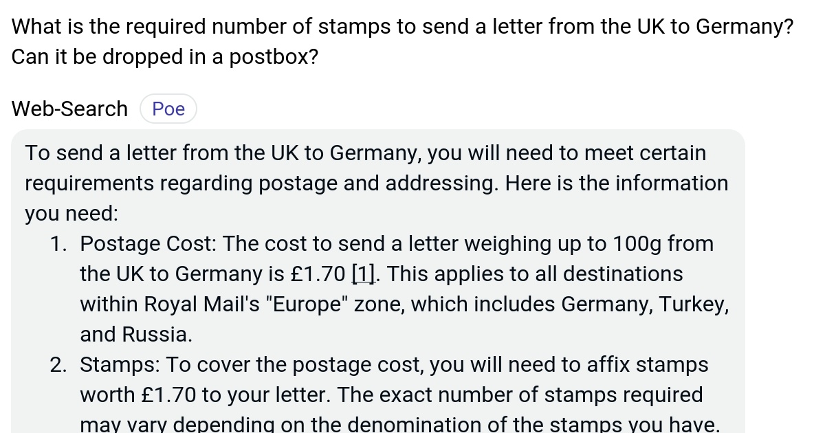 What is the required number of stamps to send a letter from the UK to
