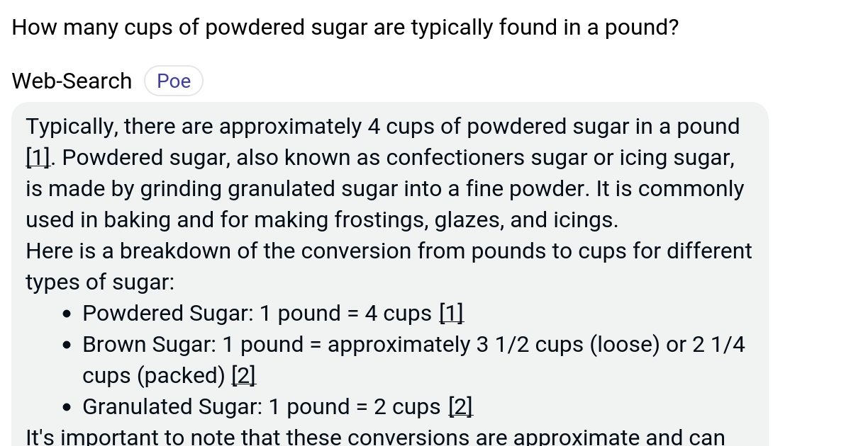 How many cups of powdered sugar are typically found in a pound? Poe