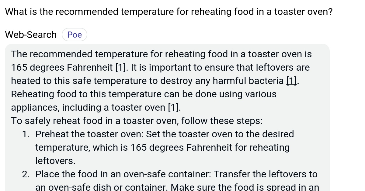 What is the temperature for reheating food in a toaster