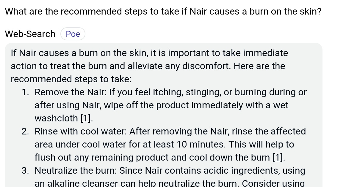 What are the steps to take if Nair causes a burn on the