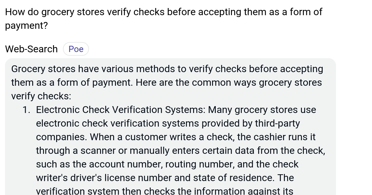How do grocery stores verify checks before accepting them as a form of