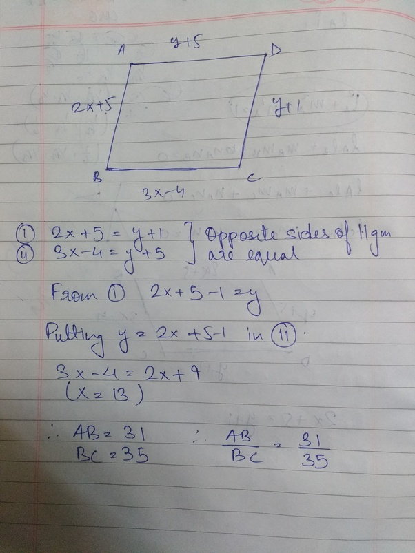 In a parallelogram ABCD, if AB = 2x + 5, CD = y + 1, AD = y + 5 and BC