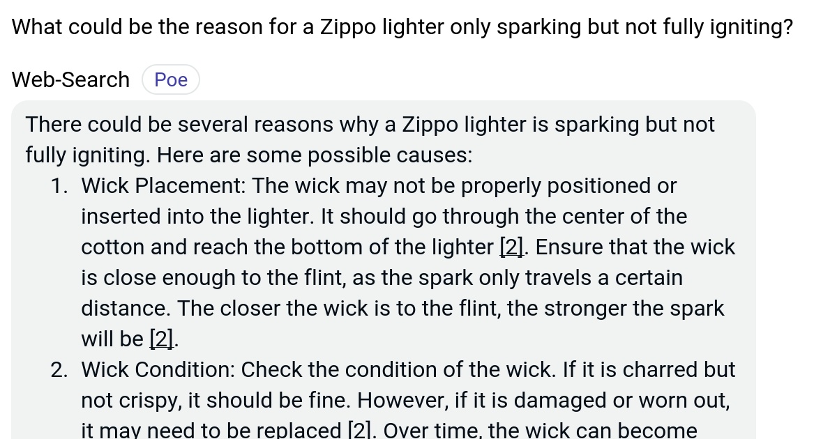 What could be the reason for a Zippo lighter only sparking but not