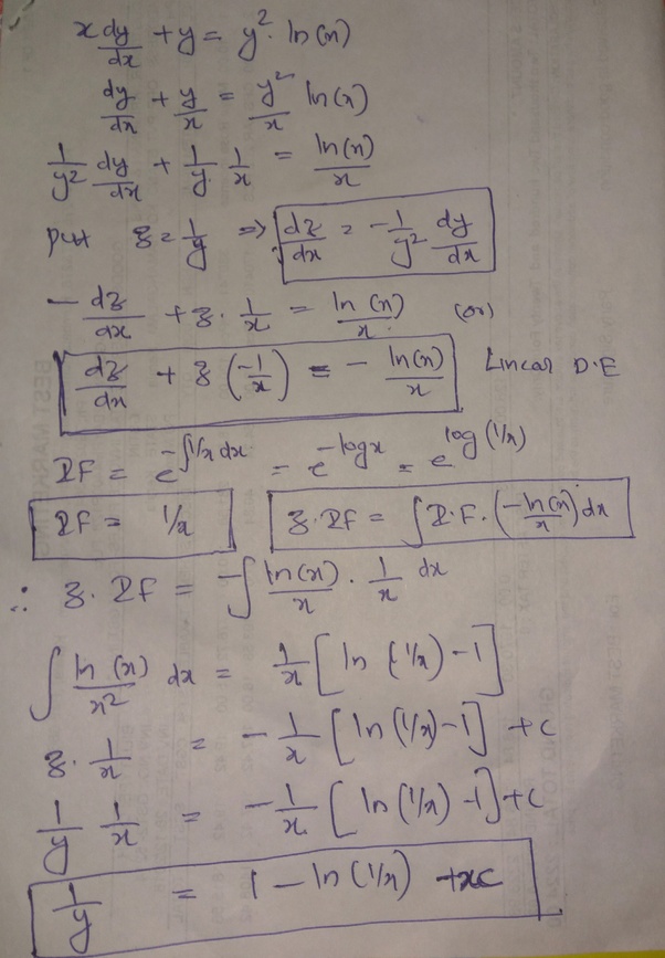 How to solve this differential equation, xy'+y=y ^2 ln(x) Quora