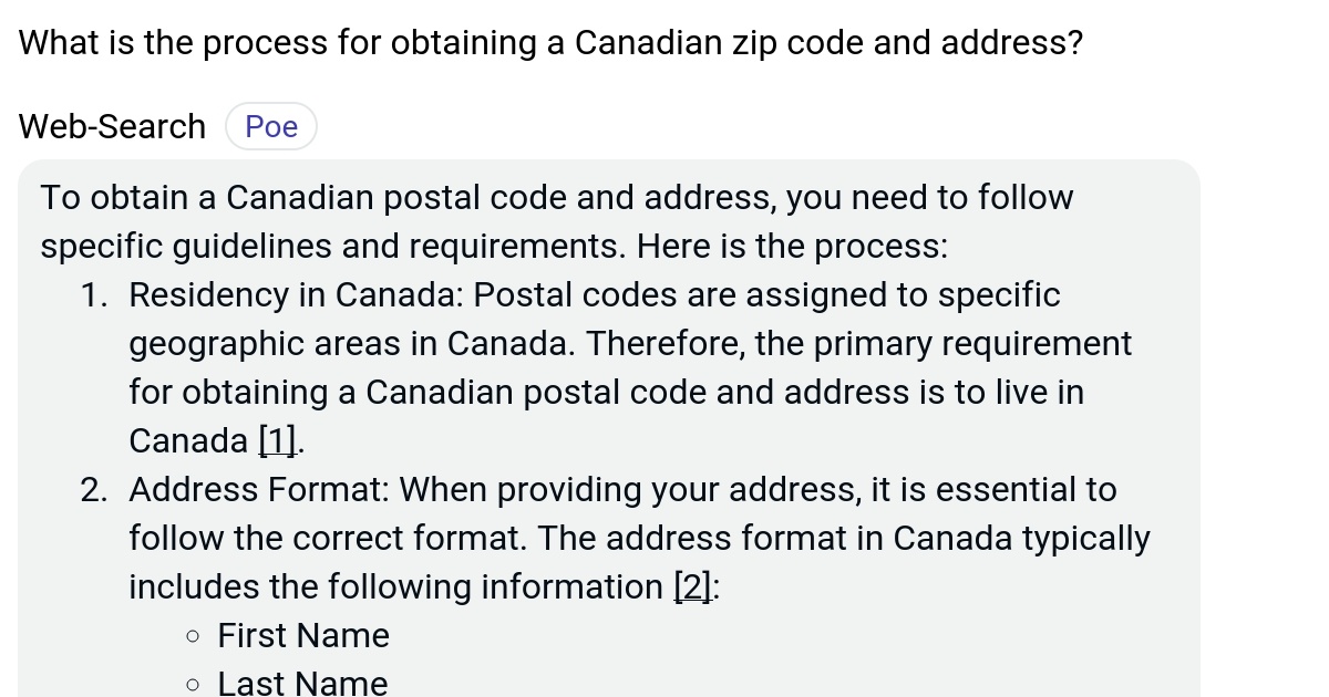 What is the process for obtaining a Canadian zip code and address? Poe