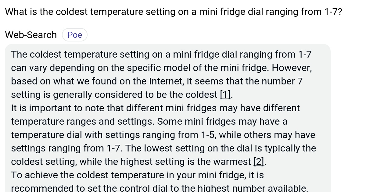 What is the coldest temperature setting on a mini fridge dial ranging