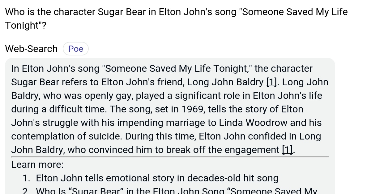 Who is the character Sugar Bear in Elton John's song "Someone Saved My