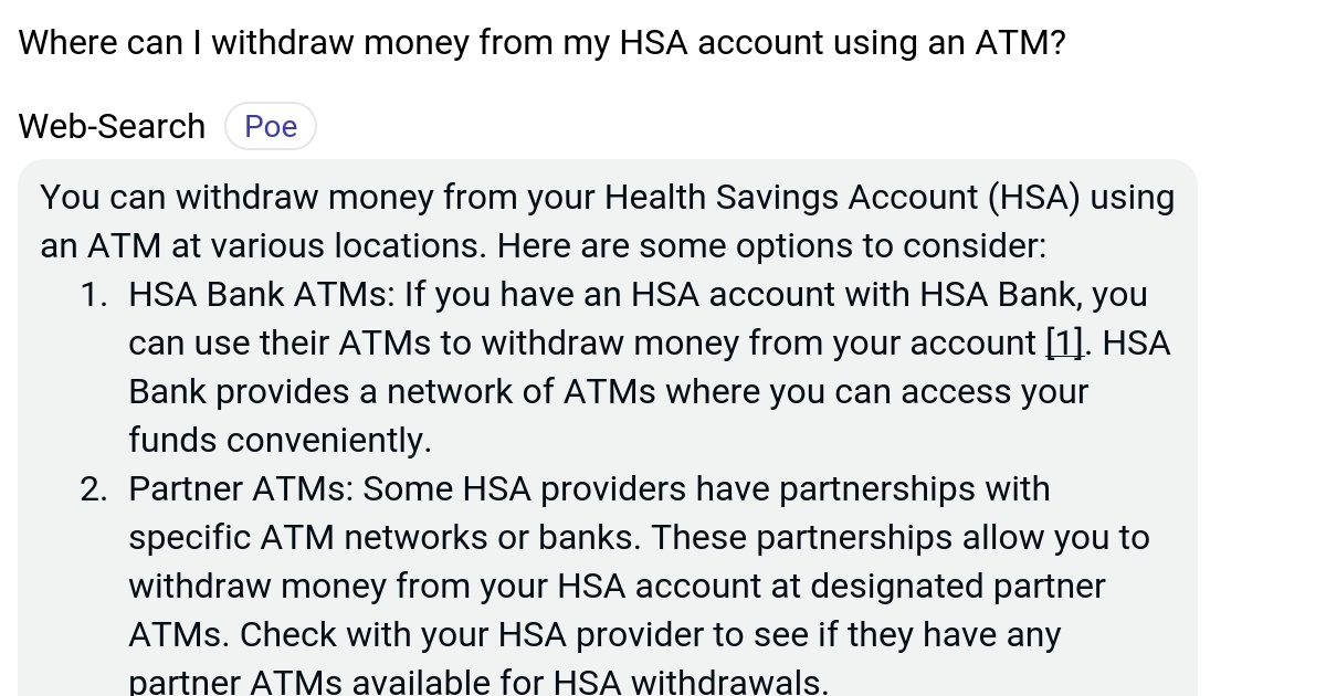 Where can I withdraw money from my HSA account using an ATM? Poe