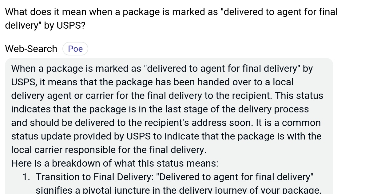 What does it mean when a package is marked as "delivered to agent for