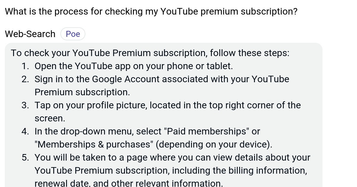 What is the process for checking my YouTube premium subscription? Poe