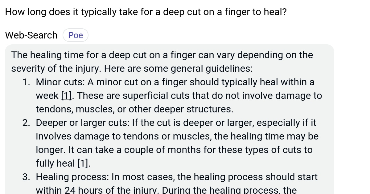 How long does it typically take for a deep cut on a finger to heal? Poe