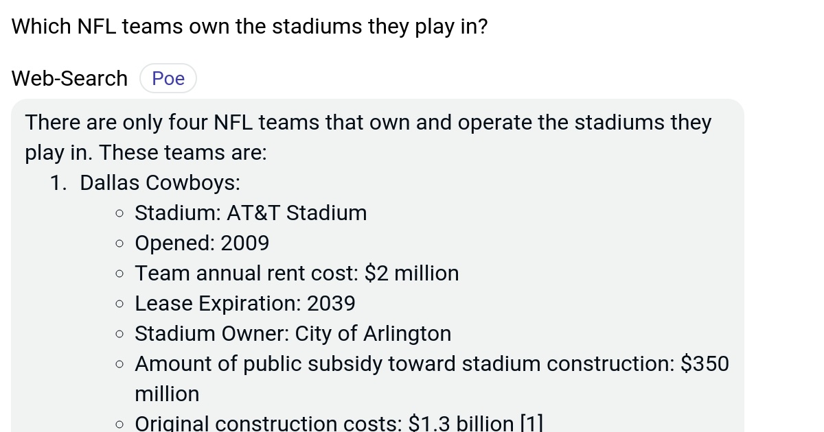 Which NFL teams own the stadiums they play in? Poe