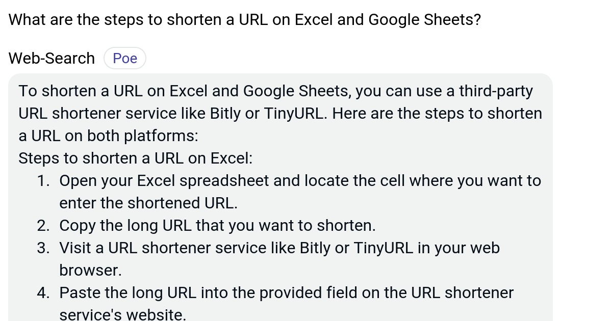 What are the steps to shorten a URL on Excel and Google Sheets? Poe