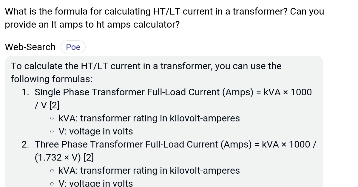 What is the formula for calculating HT/LT current in a transformer? Can