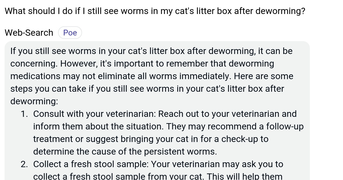 What should I do if I still see worms in my cat's litter box after