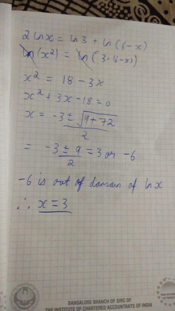 How does one solve this, 2ln x = ln 3+ ln (6x)? Quora