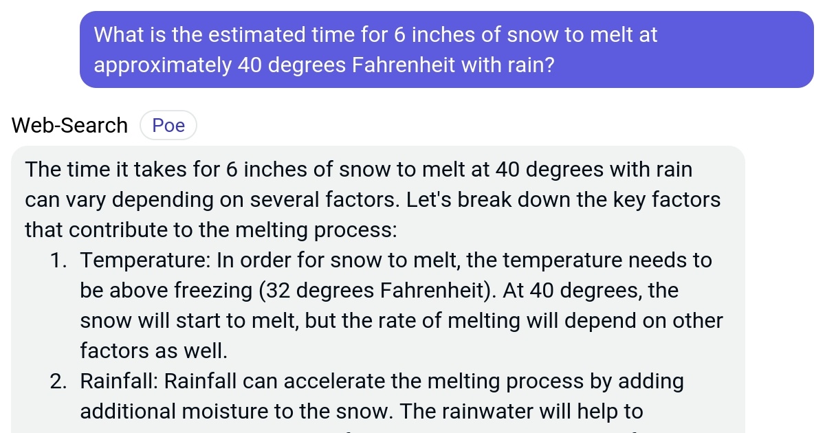 What is the estimated time for 6 inches of snow to melt at