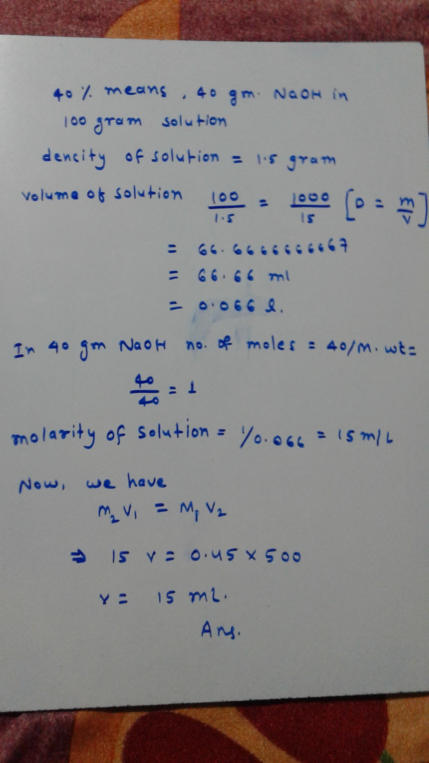Larutan natrium hidroksida yang mengandung 40% berat NaOH murni memiliki  berat jenis 1,5. Berapa volume larutan ini yang diperlukan untuk membuat  500 ml larutan NaOH 0,45 M? - Quora