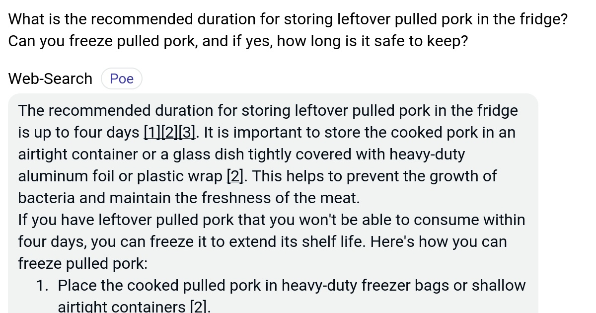What is the duration for storing leftover pulled pork in