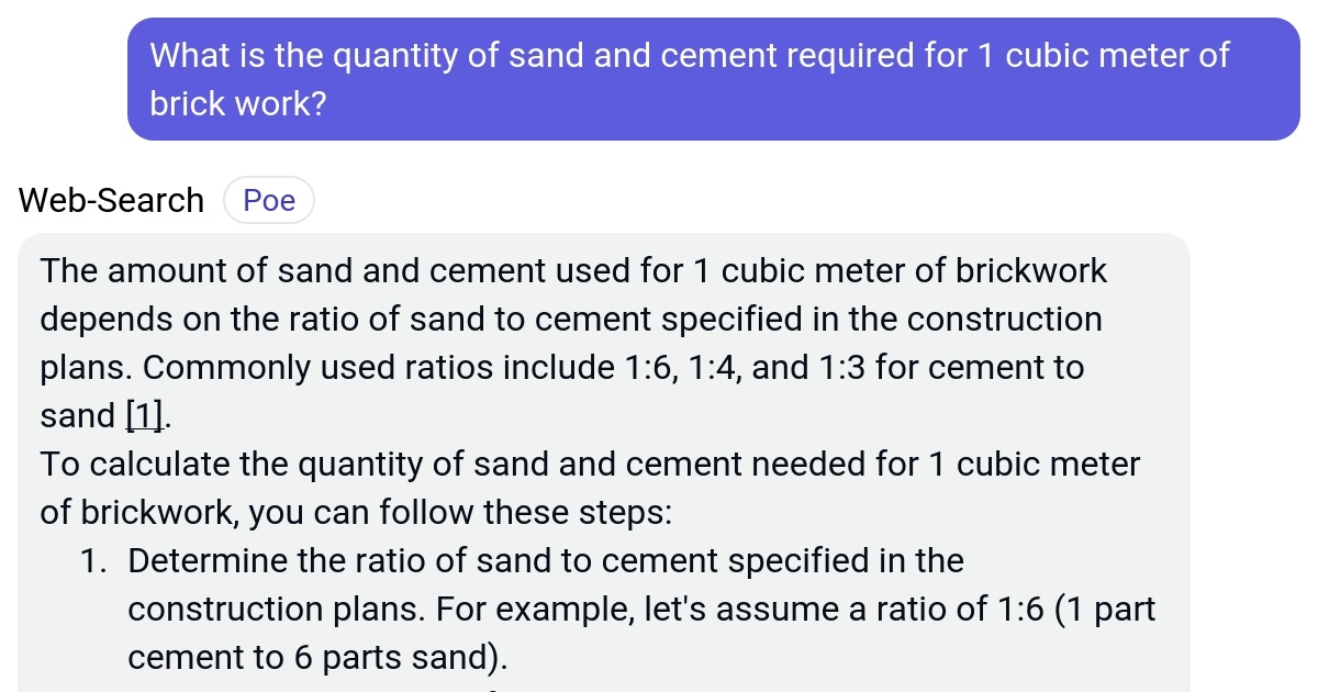 What is the quantity of sand and cement required for 1 cubic meter of
