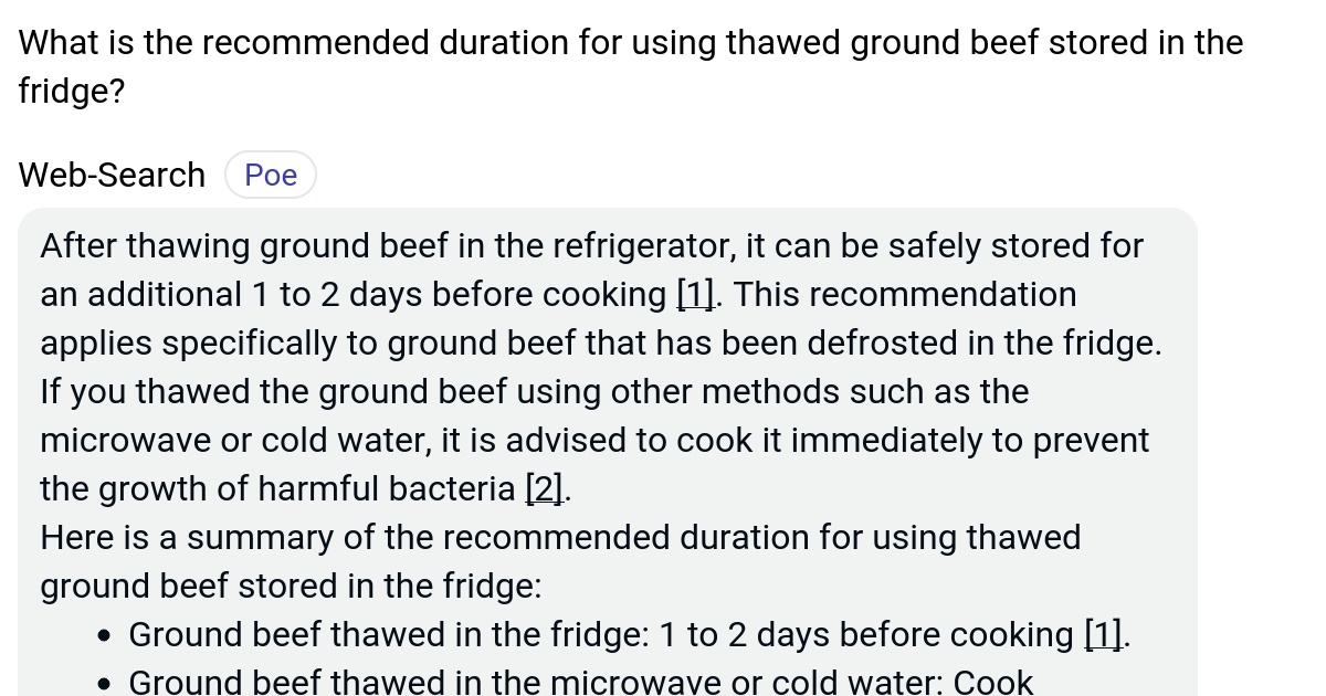 What is the duration for using thawed ground beef stored in