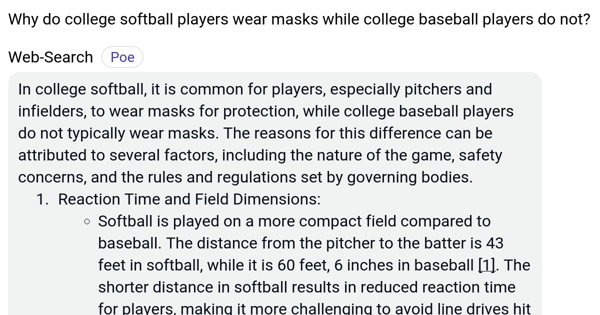 Why do college softball players wear masks while college baseball