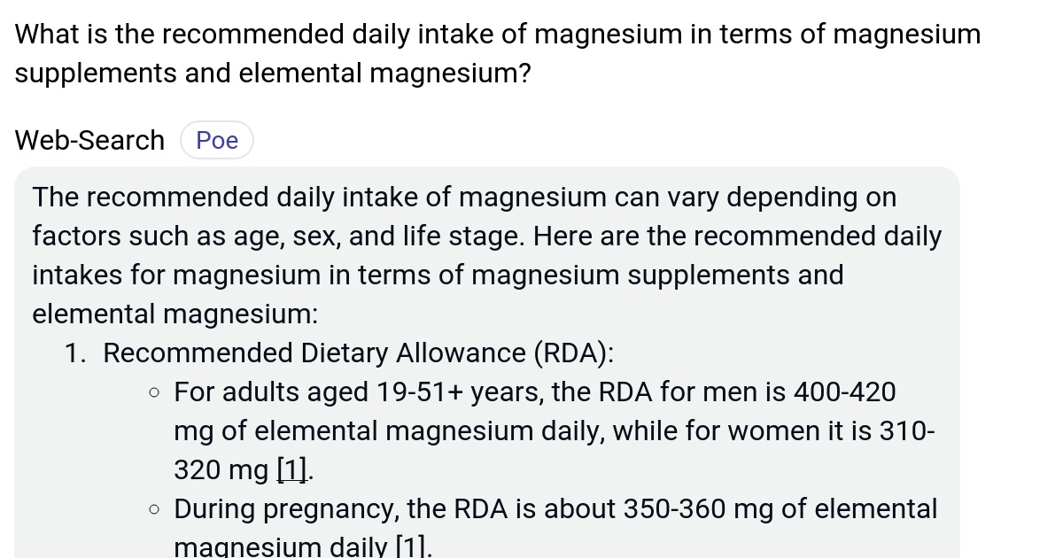 What is the daily intake of magnesium in terms of magnesium