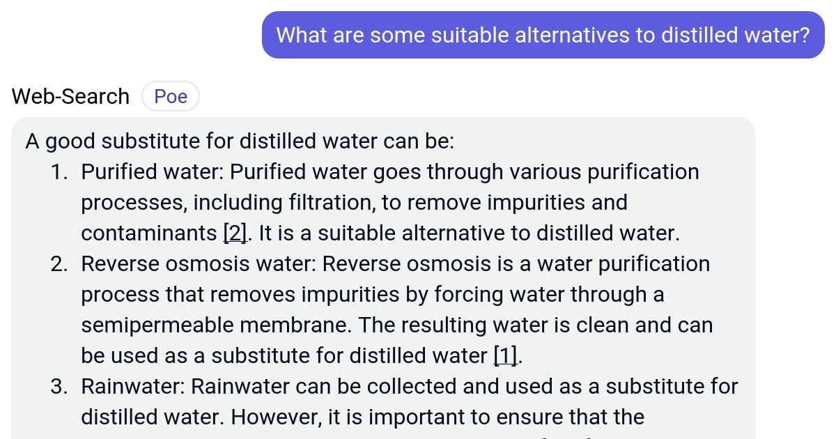 What are some suitable alternatives to distilled water? Poe