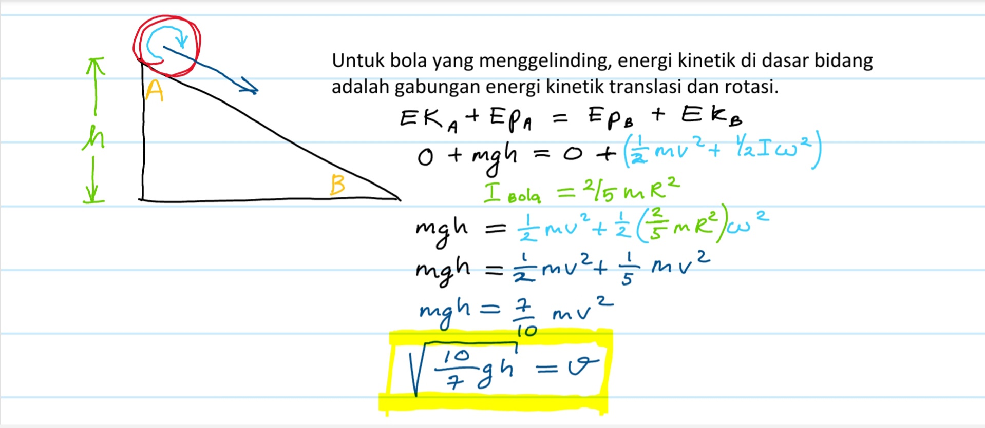 Jika kecepatan bola pejal ketika turun di bidang miring adalah √(10/7gh)  dan sebuah kotak √(2gh), mengapa di kehidupan nyata bola lebih cepat dari  sebuah kotak? - Quora