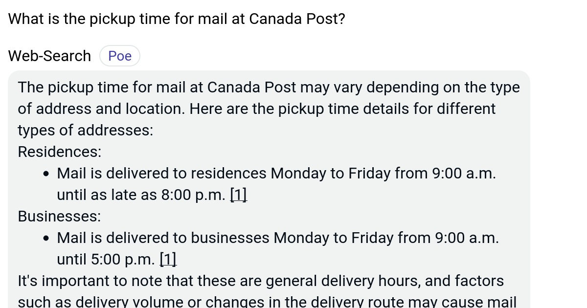 What is the pickup time for mail at Canada Post? Poe