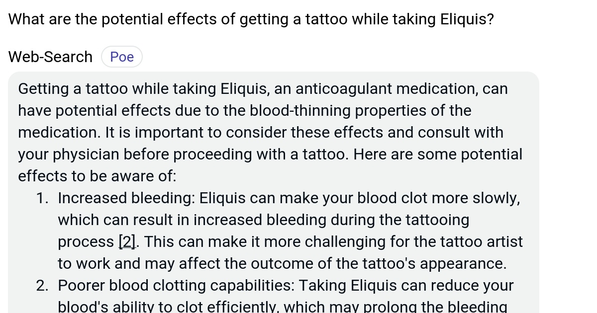 What are the potential effects of getting a tattoo while taking Eliquis
