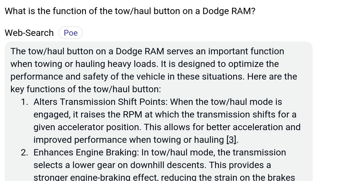 What is the function of the tow/haul button on a Dodge RAM? Poe