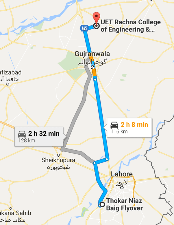 Lahore Thokar Niaz Baig Map I live in Lahore and I study in UET Rachna Gujranwala. Is it possible