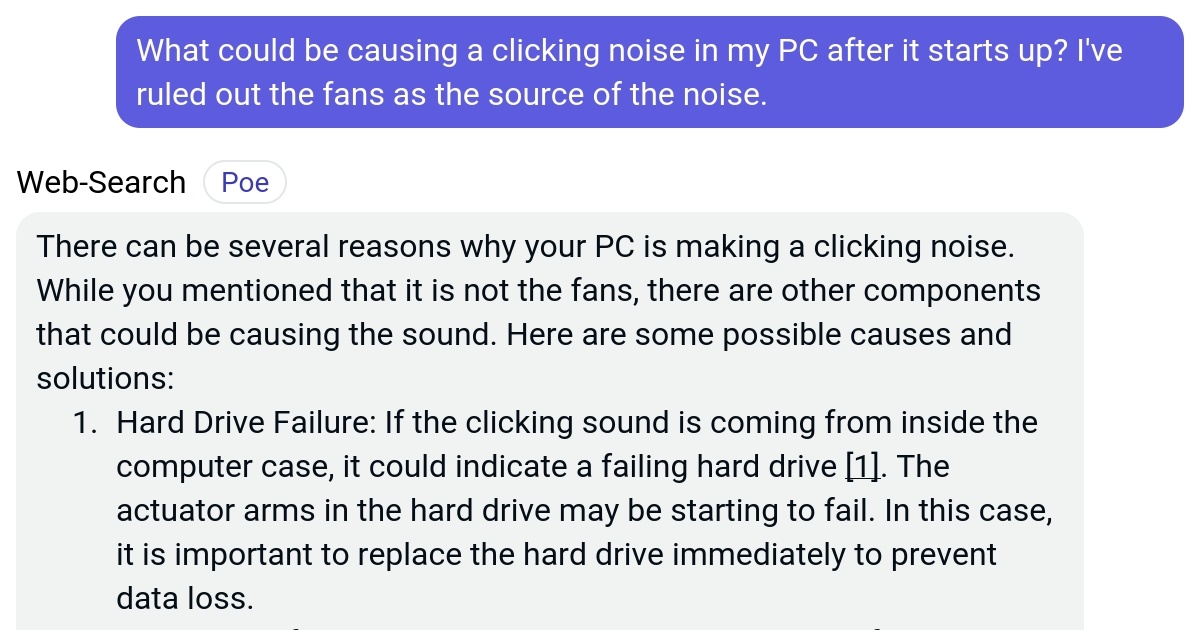 What could be causing a clicking noise in my PC after it starts up? I