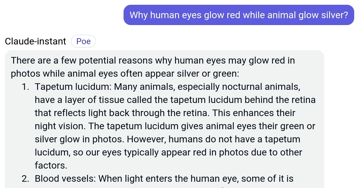 Why human eyes glow red while animal glow silver? Poe
