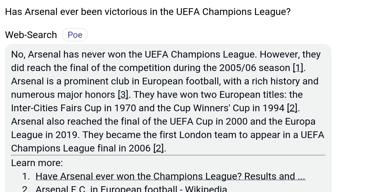 Has Arsenal ever been victorious in the UEFA Champions League? Poe