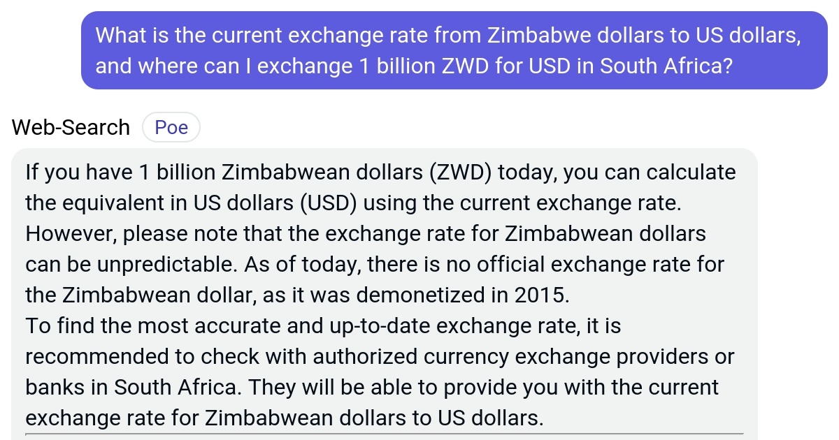 What is the current exchange rate from Zimbabwe dollars to US dollars
