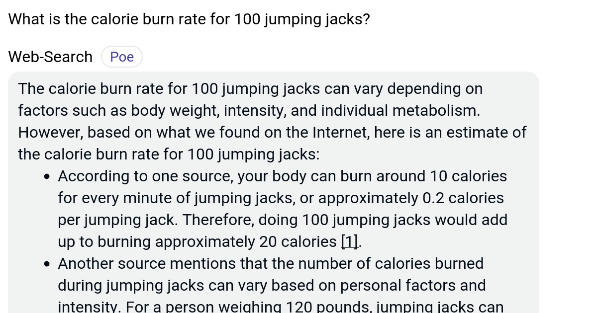 What is the calorie burn rate for 100 jumping jacks? Poe