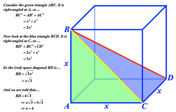 If the diagonal of a cube is 4 root 3, then what is the side of the