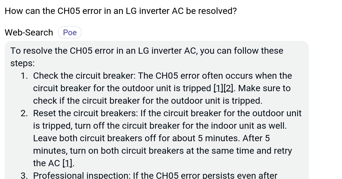 How can the CH05 error in an LG inverter AC be resolved? Poe