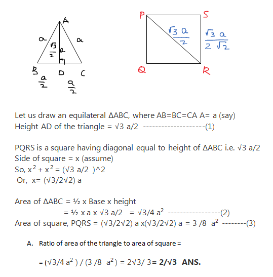 The height of an equilateral triangle is equal to the diagonal of a square. What is the ratio of