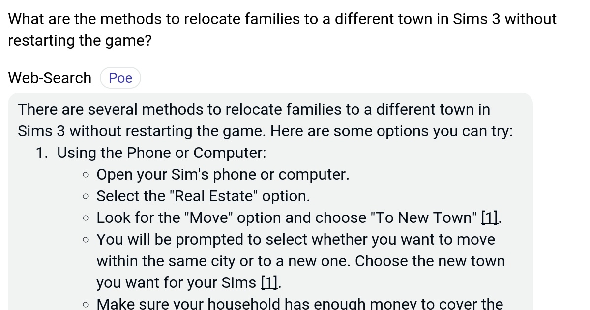 What are the methods to relocate families to a different town in Sims 3