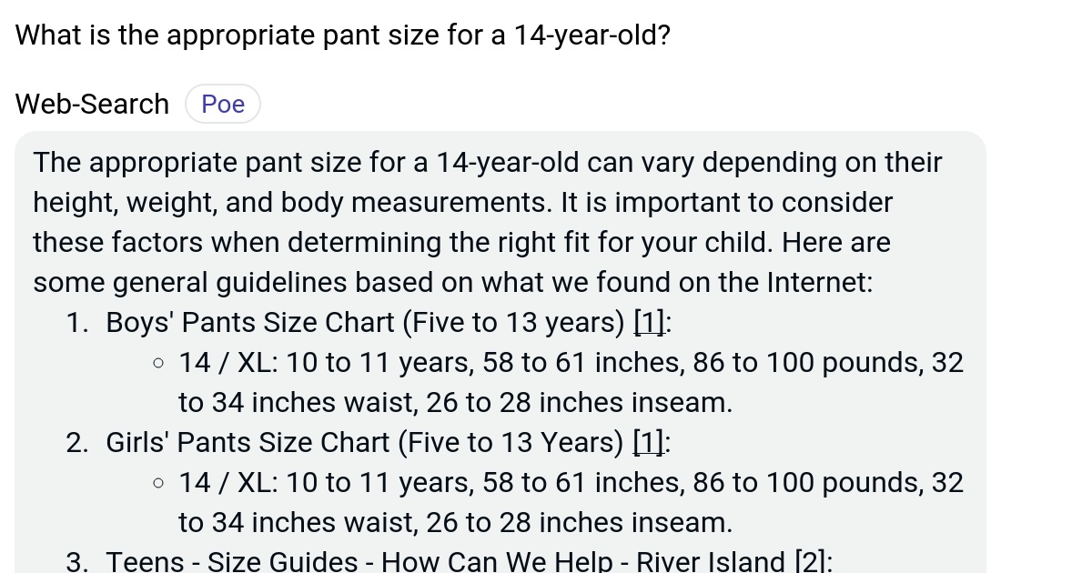 What is the appropriate pant size for a 14yearold? Poe
