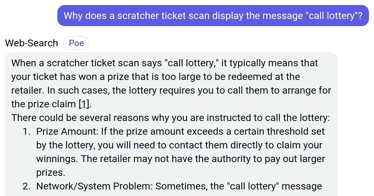 Why does a scratcher ticket scan display the message "call lottery"? Poe