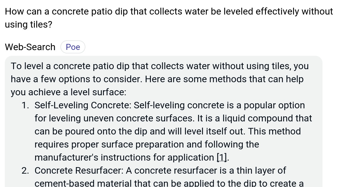 How can a concrete patio dip that collects water be leveled effectively